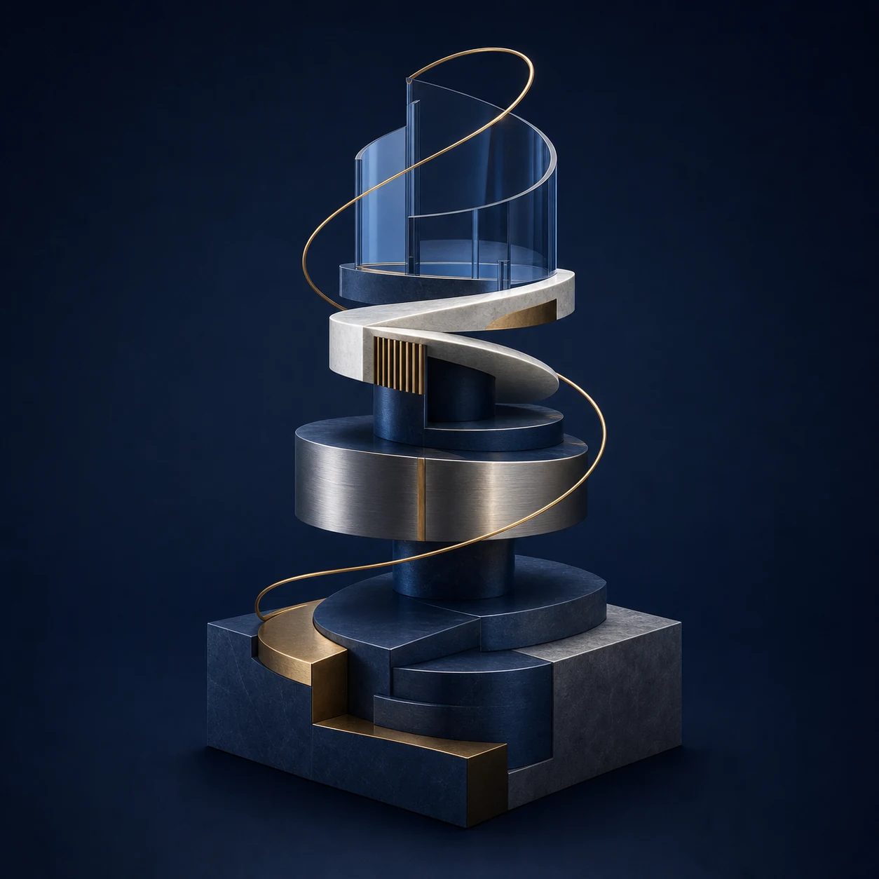 Escultura 3D de cuatro niveles conectados en azul, plata y dorado